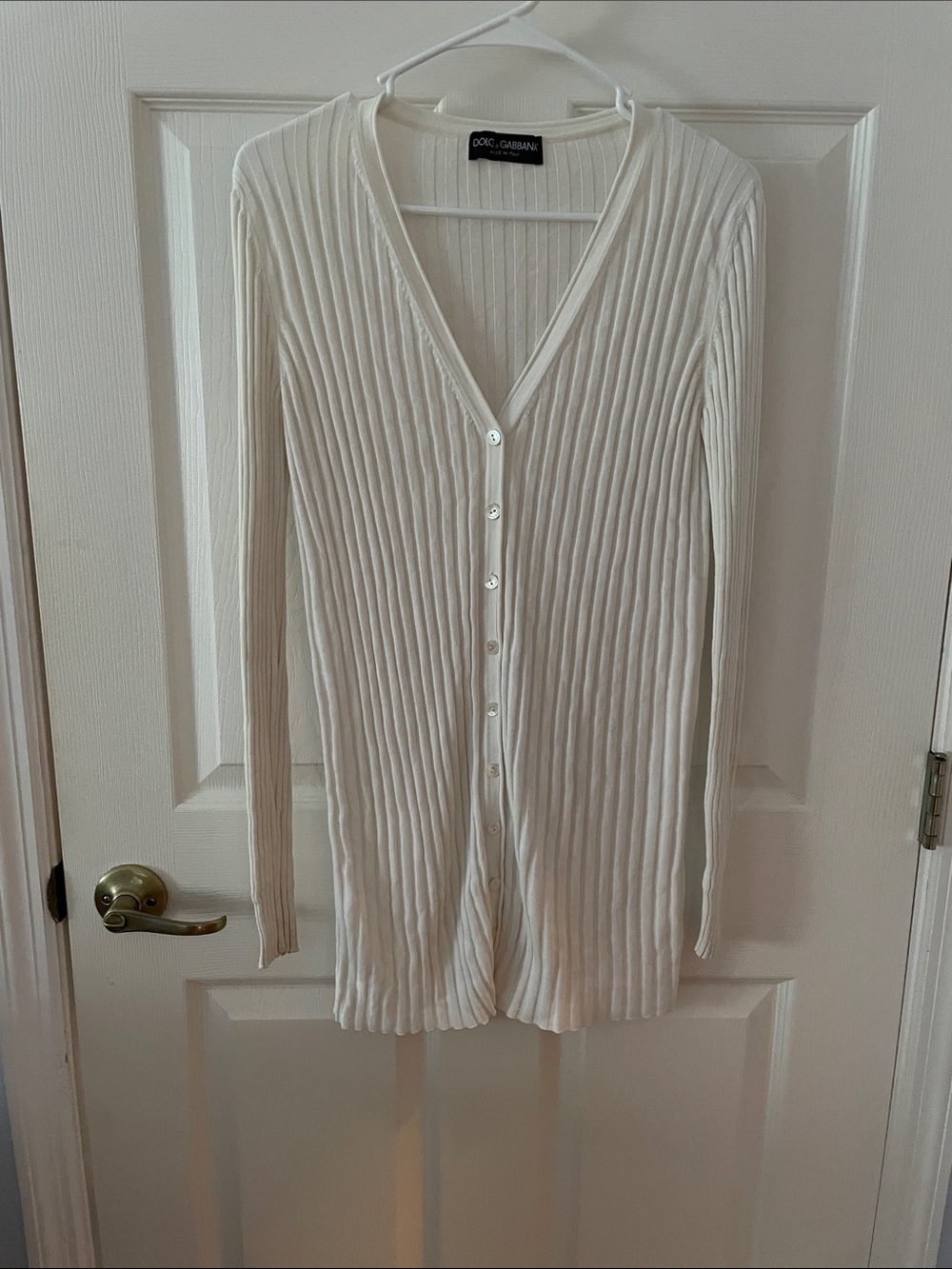 Dolce & Gabbana Cream Ribbed V-Neck Button Down Cardigan, S/M